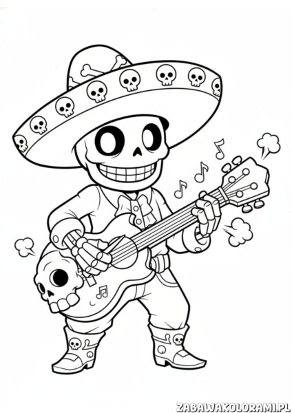 Poco Kolorowanka Brawl Stars przedstawiająca postać Poco z gitarą, gotowego do muzycznej bitwy w grze.
