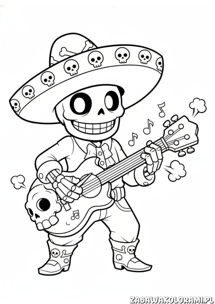 Poco Kolorowanka Brawl Stars przedstawiająca postać Poco z gitarą, gotowego do muzycznej bitwy w grze.