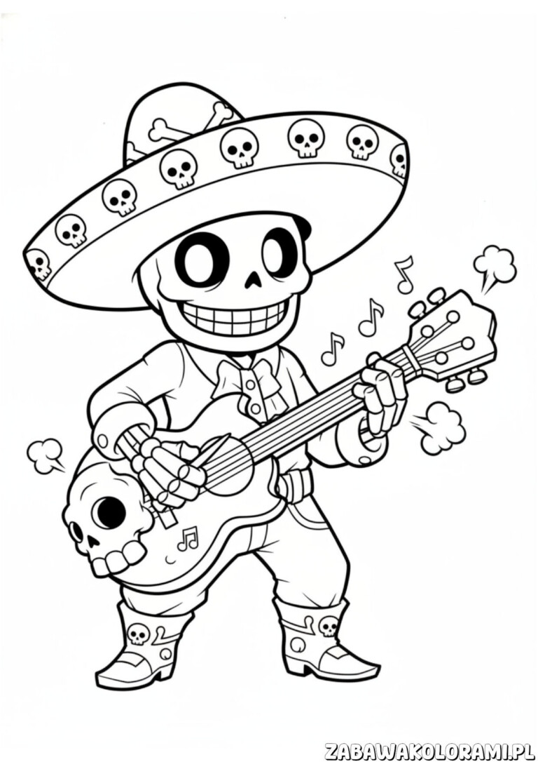 Poco Kolorowanka Brawl Stars przedstawiająca postać Poco z gitarą, gotowego do muzycznej bitwy w grze.