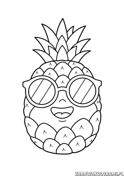 Kolorowanka ananas do druku przedstawiająca duży, uśmiechnięty ananas z liśćmi do pokolorowania przez dzieci