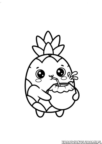 Kolorowanka ananas lato przedstawiająca uśmiechnięty ananas w otoczeniu letnich akcentów do pokolorowania