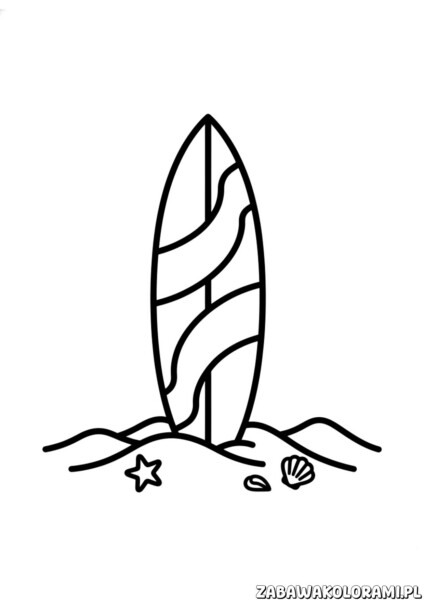 Kolorowanka deska surfingowa przedstawiająca kolorową deskę z falami i słonecznym motywem do pokolorowania przez dzieci