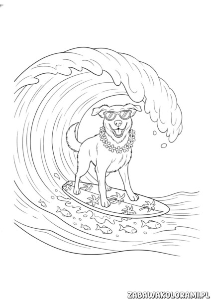 Kolorowanka pies surfing lato przedstawiająca psa stojącego na desce surfingowej podczas słonecznego dnia nad morzem.
