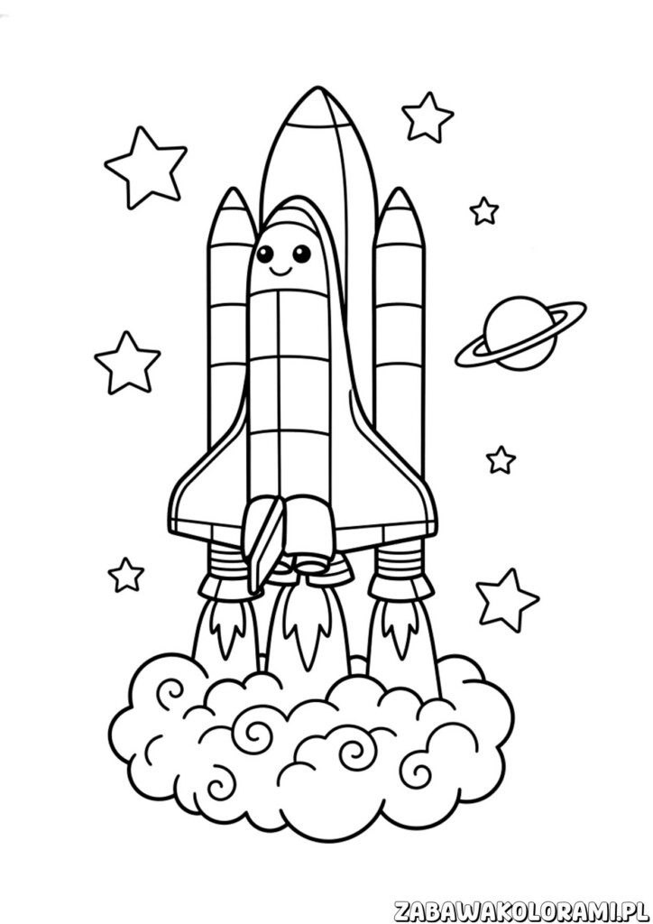 Kolorowanka Start rakiety przedstawiająca astronautów i rakietę przygotowującą się do lotu kosmicznego