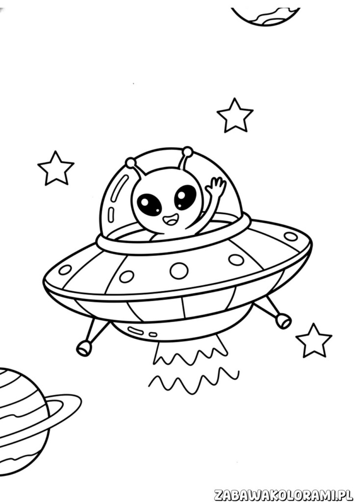 Kolorowanka UFO przedstawiająca statek kosmiczny lecący wśród gwiazd