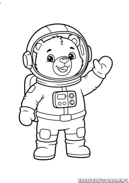 Kolorowanka astronauta Miś ubrany w skafander kosmiczny macha ręką