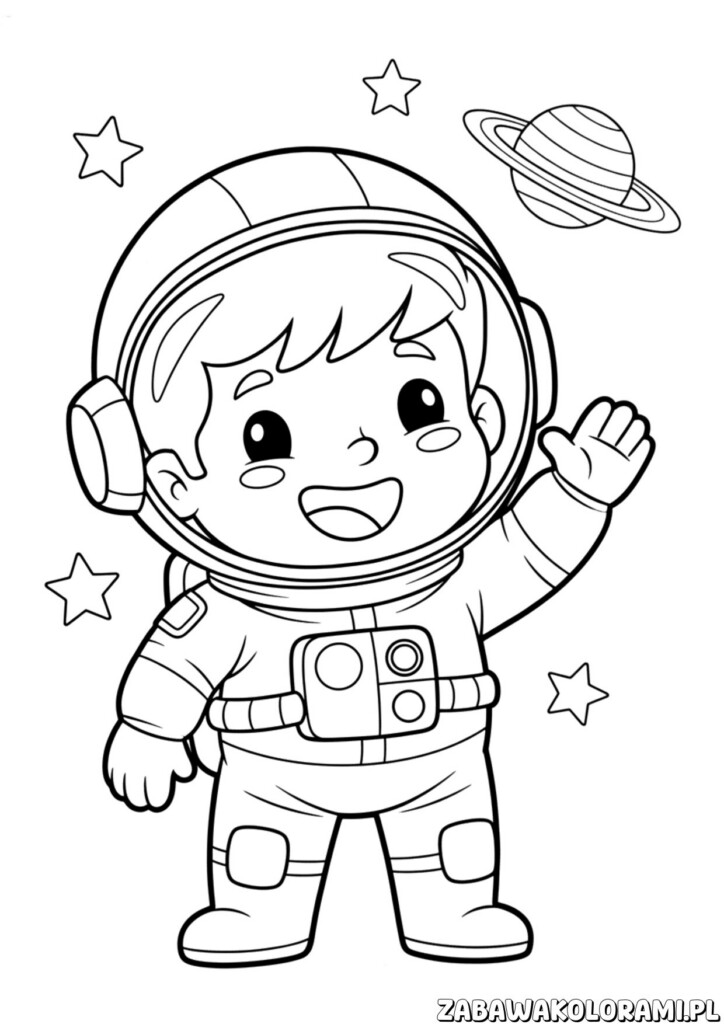 Kolorowanki Astronauta – astronauta w stroju kosmicznym z hełmem i rakietą