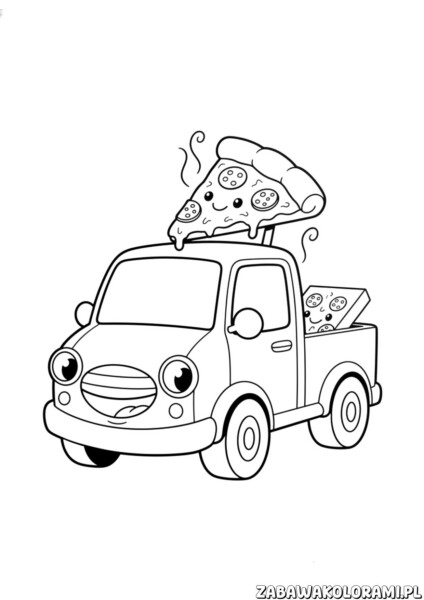 Kolorowanka dostawca pizzy samochód z uśmiechniętym kierowcą i wielką skrzynką pizzy