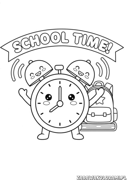 Kolorowanka pierwszy dzień szkoły budzik school time plecak przedstawia dziecko z plecakiem, budzikiem i przyborami szkolnymi