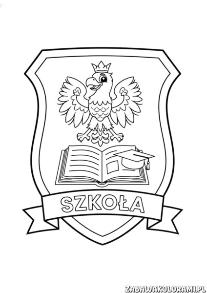 Kolorowanka szkoła – rozpoczęcie roku Tarcza szkolna z orłem w koronie i dziobie gałązkę oliwną