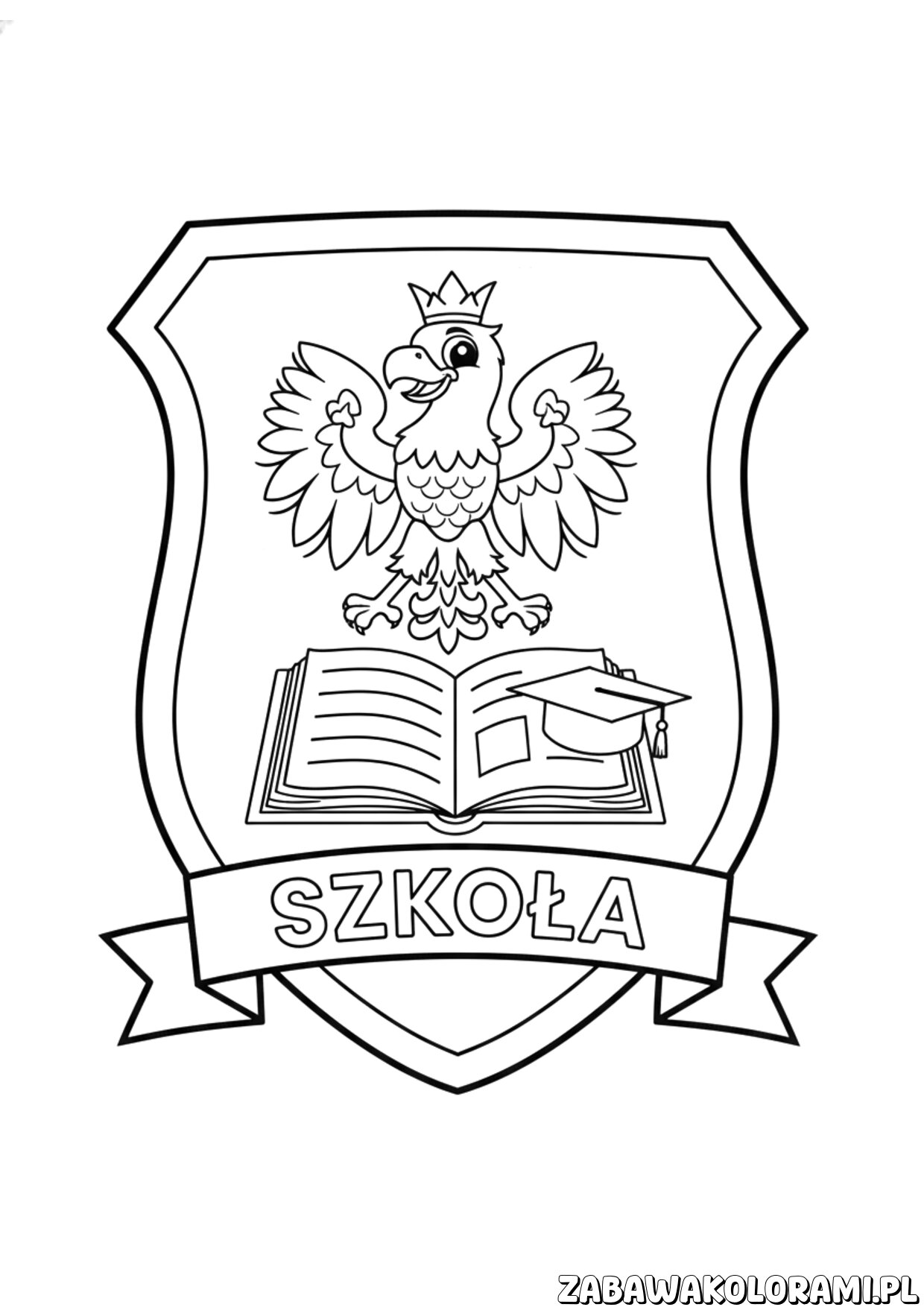 Kolorowanka szkoła – rozpoczęcie roku Tarcza szkolna z orłem gotowa do kolorowania