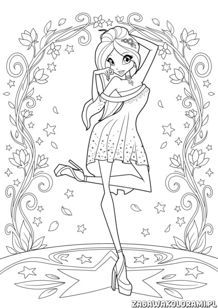 Kolorowanki Winx Flora elegancka sukienka kwiaty przedstawiają postać Flory w pięknej sukni ozdobionej kwiatami