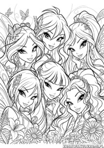 Kolorowanki Winx – portret czarodziejki z motylami i kwiatami lecącymi wokół