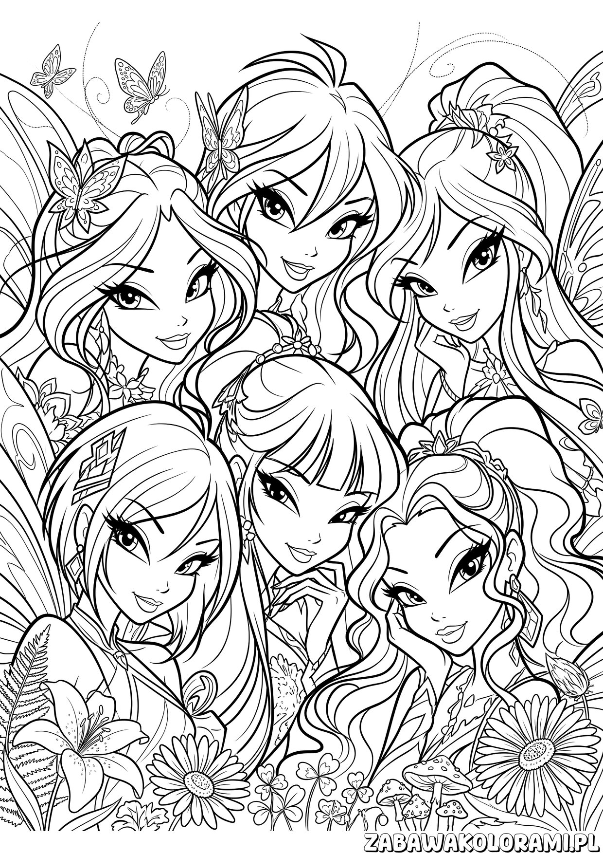 Kolorowanki Winx – portret czarodziejki z motylami i kwiatami lecącymi wokół