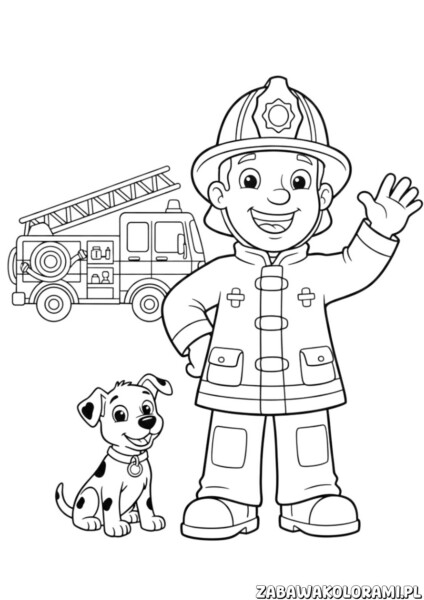 fireman sam kolorowanki do druku – strażak Sam z wozem pożarniczym gotowy do akcji