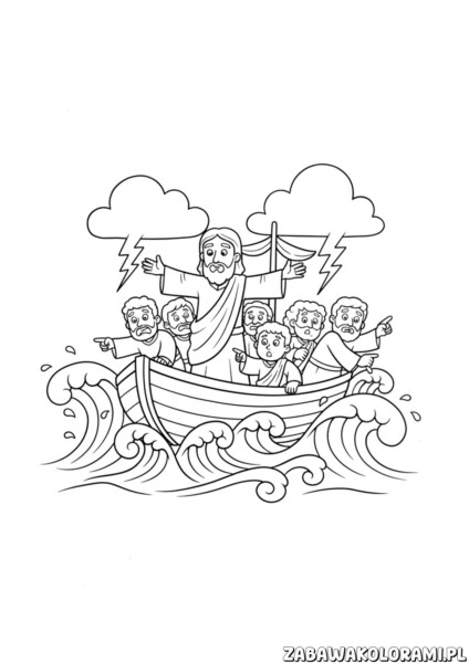 jezus ucisza burze kolorowanka – Jezus stoi przy drzewach, podnosząc ręce, by uspokoić burzę