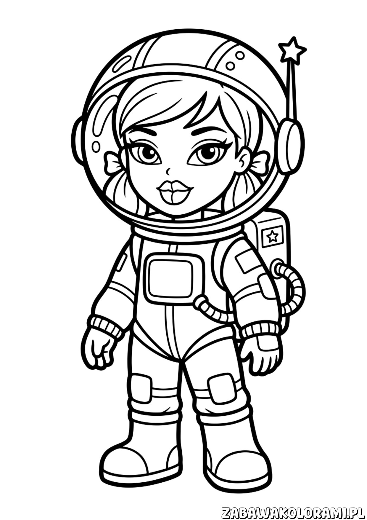 kolorowanka bratz astronautka kosmos – astronautka w skafandrze na tle gwiazd i planet