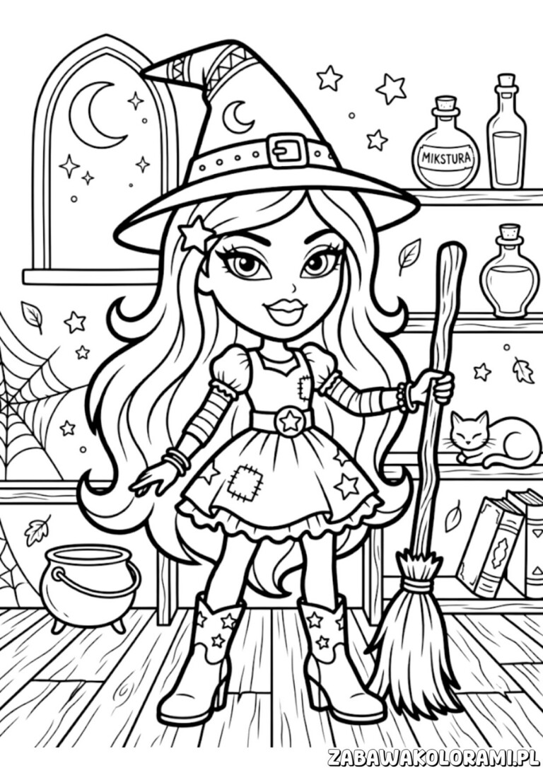 kolorowanka bratz czarownica miotla halloween – czarownica na miotle w halloweenowym klimacie