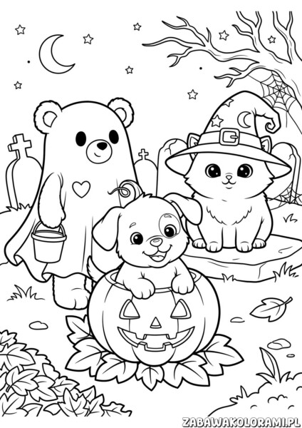 kolorowanka halloween potwory, dynie i czarownica w halloweenowej scenerii