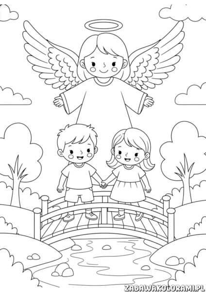 kolorowanka religijna – anioł trzymający Biblię, kościół z wieżą i krzyż w tle