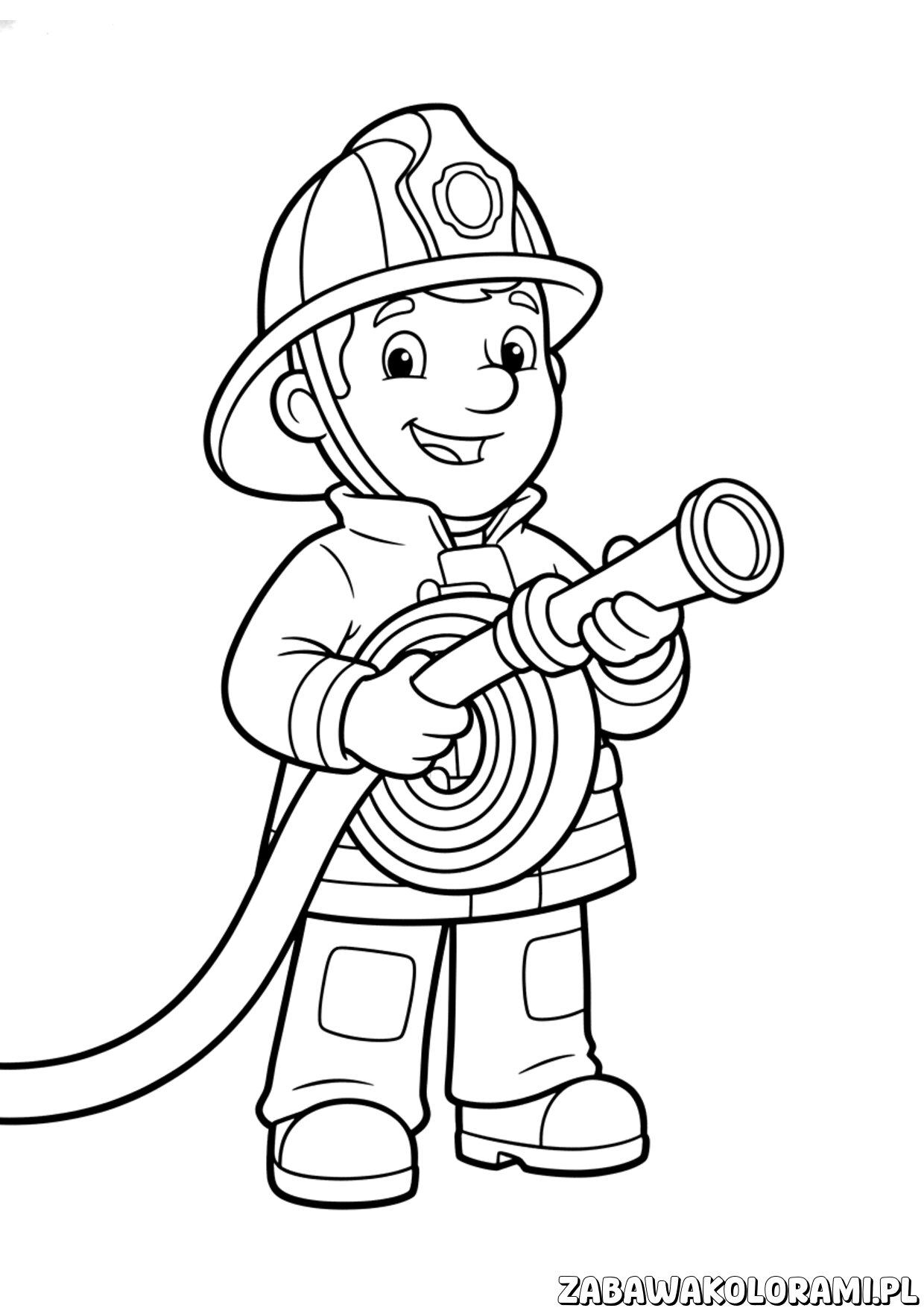 kolorowanki fireman sam – strażak Sam trzyma hełm i kieruje wozem strażackim