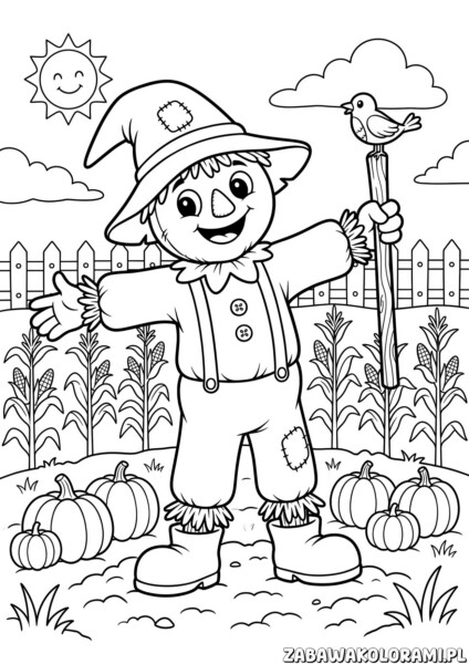 kolorowanki halloween do druku – dynia, czarownica z miotłą, duch i latający nietoperz w halloweenowej scenerii