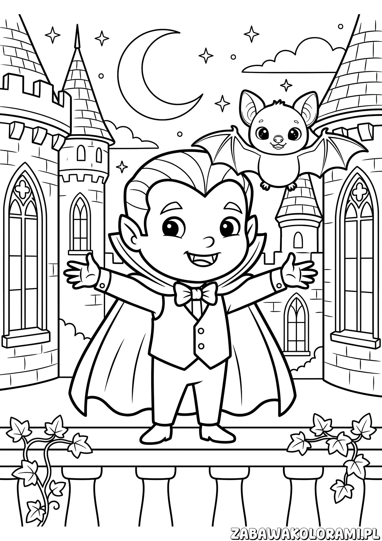 kolorowanki halloween pdf – dynia, czarownica i przyjazny duch w halloweenowej scenerii
