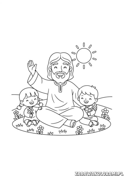 kolorowanki religijne – anioł, kościół z wieżą i krzyż, dzieci trzymające modlitewnik