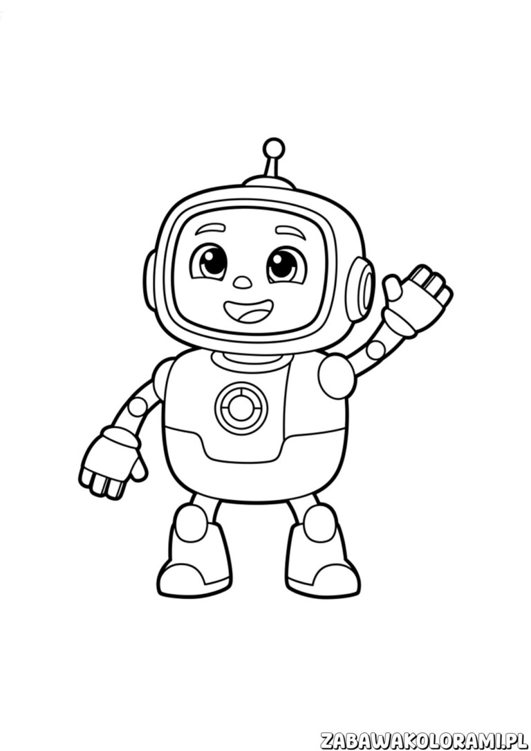 pj robot pidzamersi kolorowanka robot z dużymi oczami i przyciskiem, gotowy do przygody.