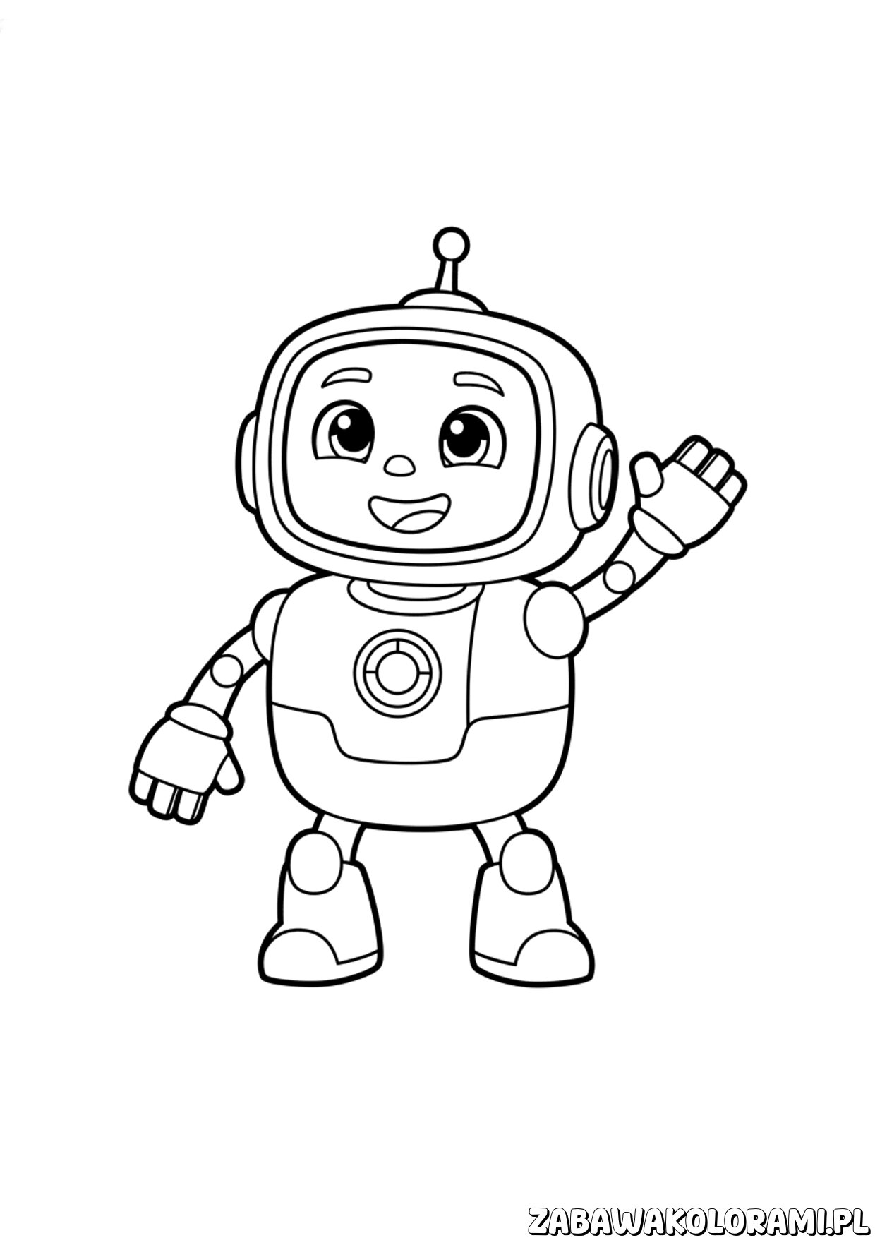 pj robot pidzamersi kolorowanka robot z dużymi oczami i przyciskiem, gotowy do przygody.
