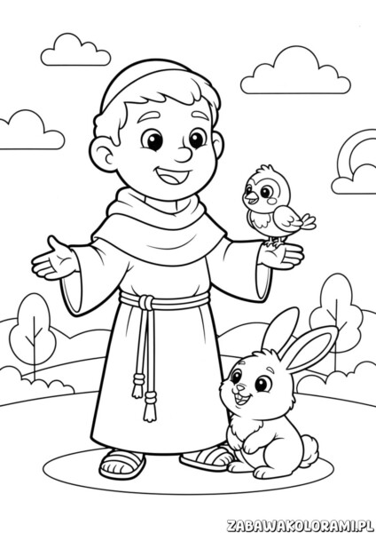 Swiety franciszek kolorowanka – święty Franciszek z ptakiem na ramieniu