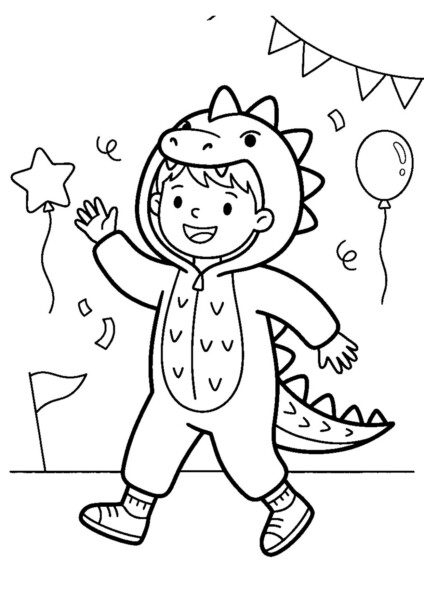 dinozaur karnawal kolorowanka – dinozaur w karnawałowych maskach i balonach
