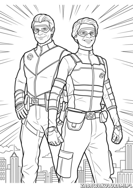 kolorowanki niebezpieczny henryk kid danger captain man miasto Henryk i przyjaciele w miejskiej scenerii, gotowi do akcji
