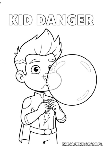 kolorowanki niebezpieczny henryk kid danger napis – Henryk w akcji, trzyma napis Danger