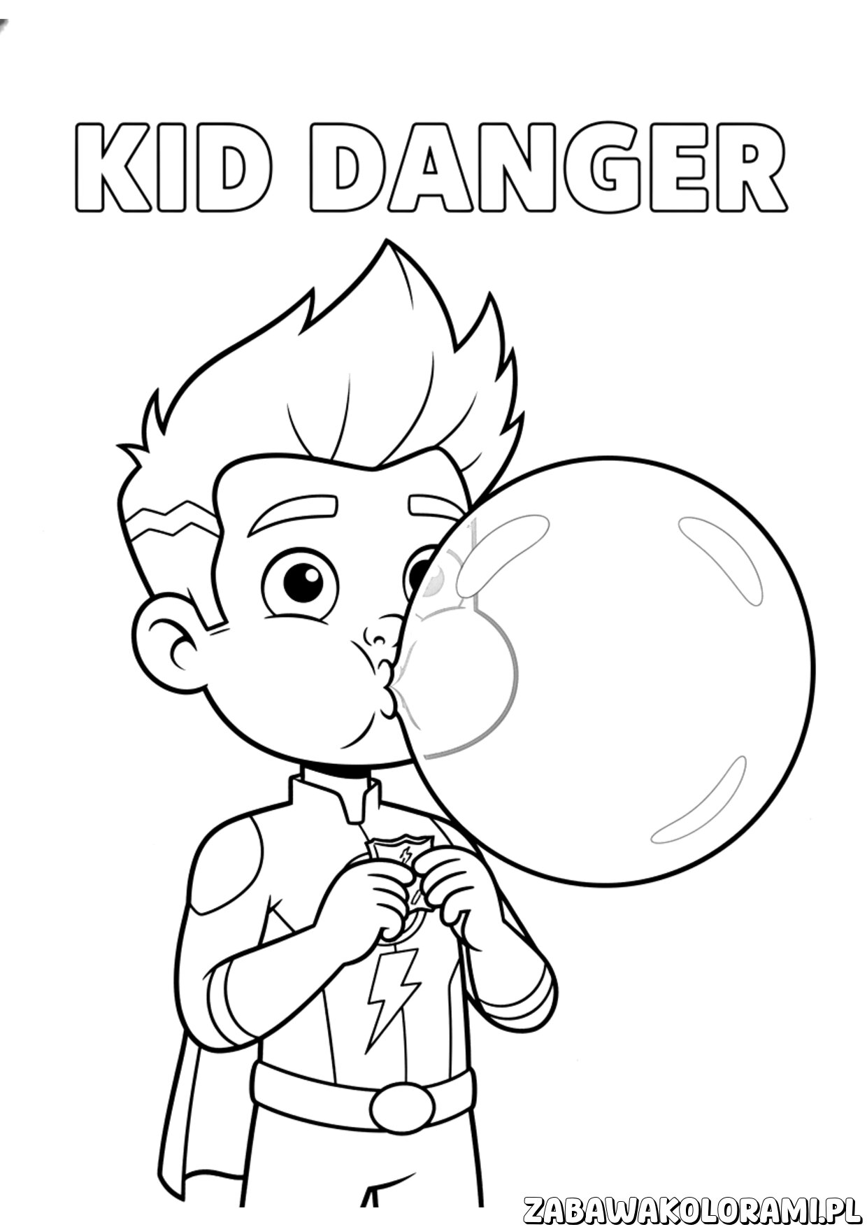 kolorowanki niebezpieczny henryk kid danger napis – Henryk w akcji, trzyma napis Danger