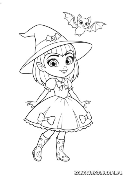 kolorowanki vampirina halloween Vampirina w czarnej pelerynie trzyma dynię, otoczona nietoperzami i lampionami