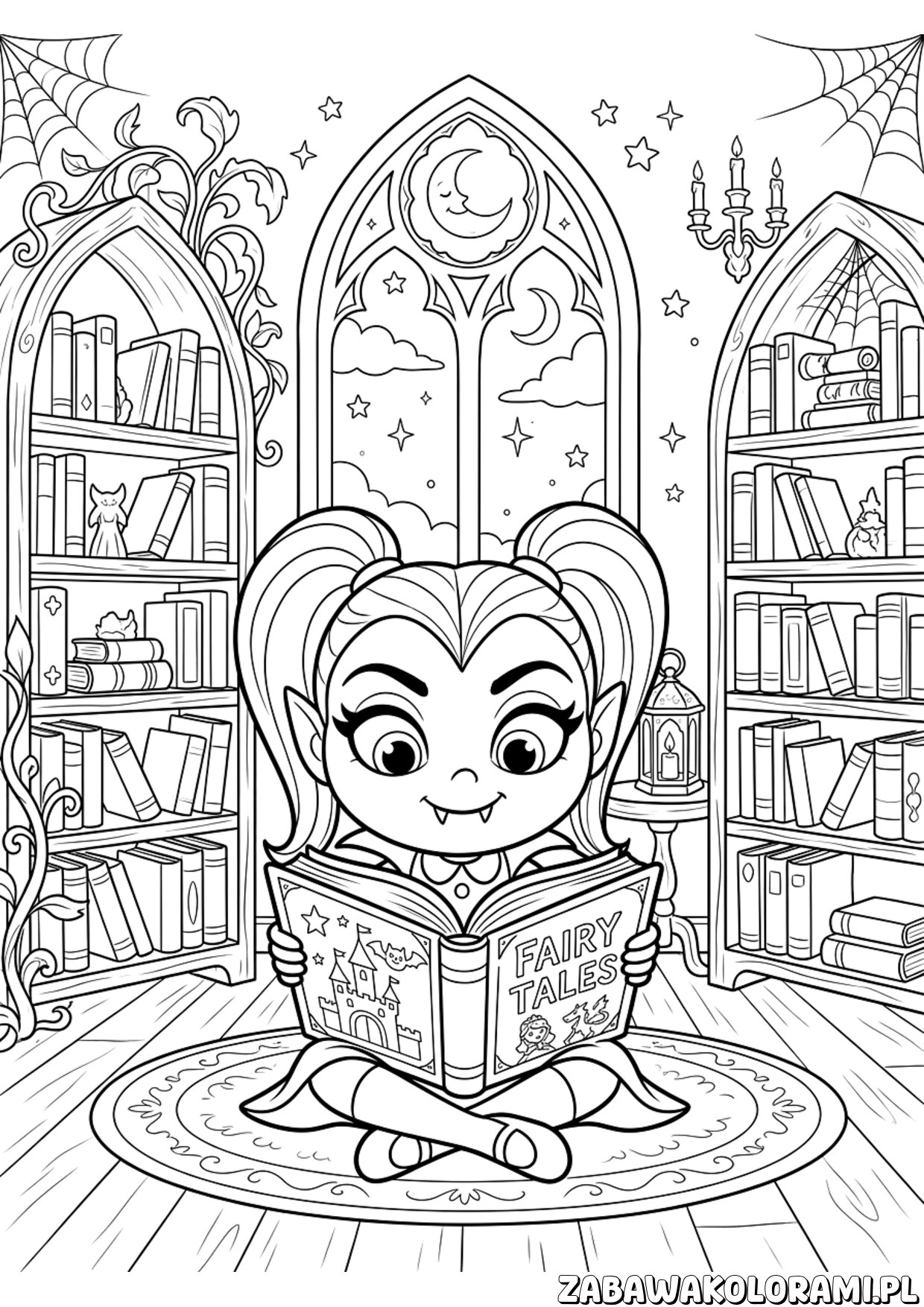 vampirina czyta w bibliotece kolorowanka – Vampirina przegląda książki przy stoliku w bibliotece