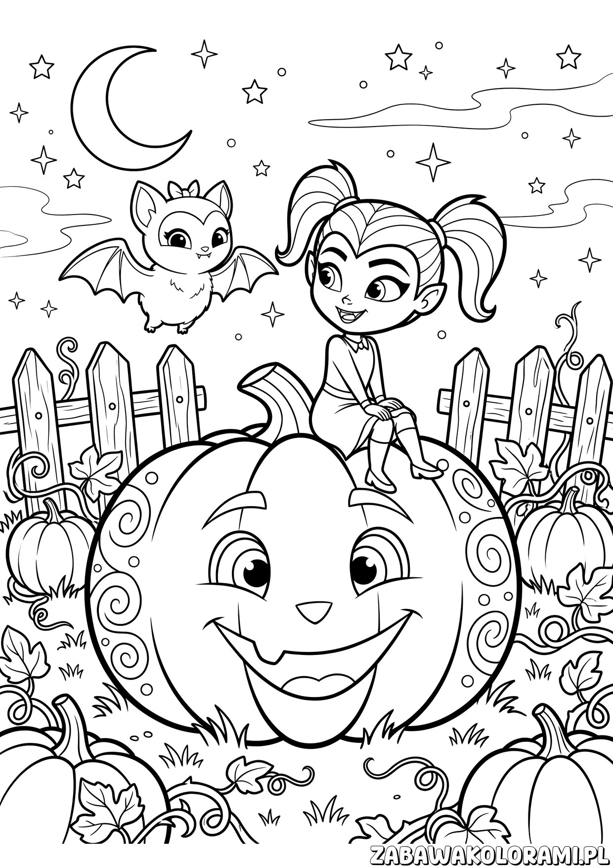 vampirina na dyni halloween scena – Vampirina trzyma dynię, otoczona liśćmi i nietoperzami
