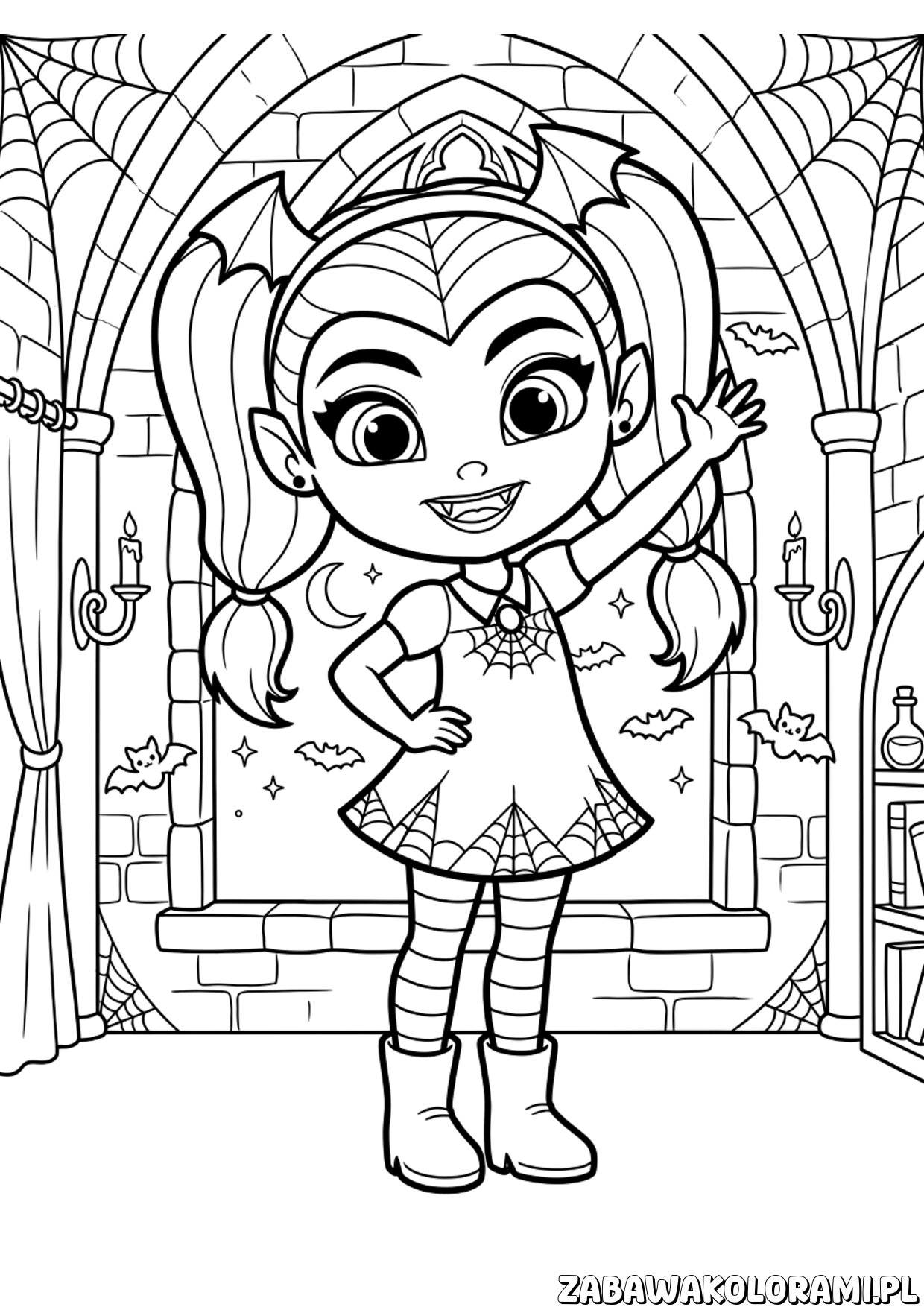 vampirina w oknie zamku kolorowanka – Vampirina patrzy przez okno zamku, gotowa na nocną przygodę.